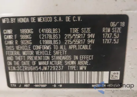 2018 Honda Hr-V Ex z USA, uszkodzony, nr VIN 3CZRU6H54JM729237